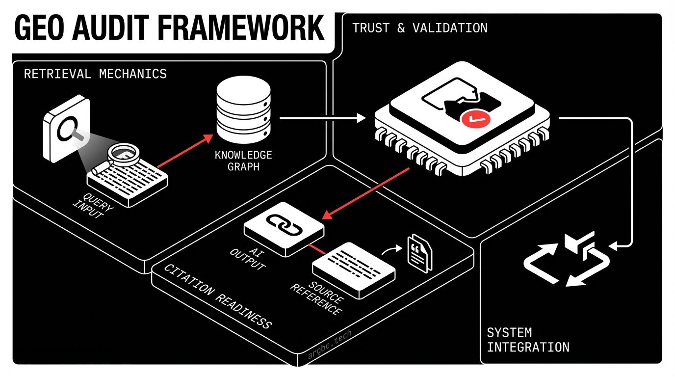 A practical GEO audit framework for checking whether your site can be retrieved, trusted, and cited in AI answers—using observable evidence instead of vague “AI visibility” guesses.