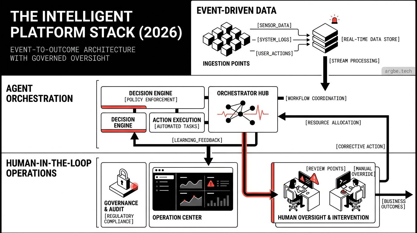 Featured image for The Intelligent Platform Stack (2026): Event-Driven Data, Agent Orchestration, and Human-in-the-Loop Operations