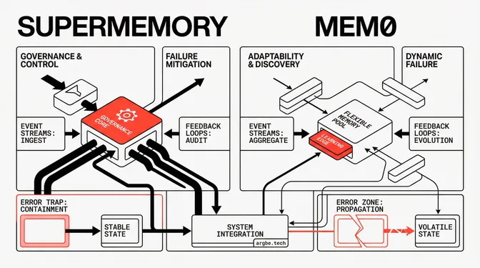 Side-by-side diagram of Supermemory and Mem0 as memory blocks fed by event streams and feedback loops: the Supermemory side ends in error containment and a stable state, the Mem0 side in error propagation and a volatile state.