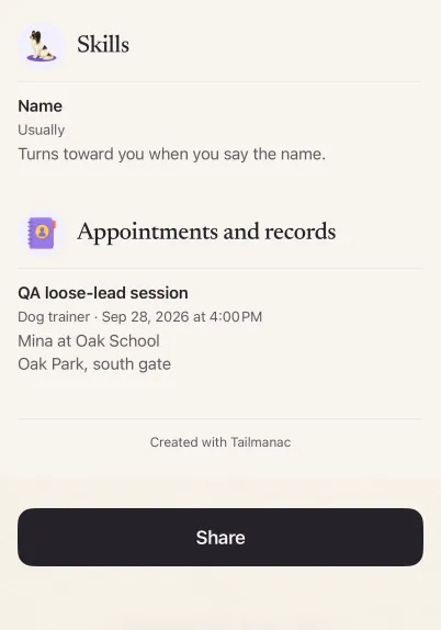 The lower part of Tailmanac's in-app care-instructions preview for a test dog: Skills with Name, which the dog usually does, and Appointments and records with a test loose-lead session with a dog trainer on Sep 28, 2026 at 4:00 PM. Below them are "Created with Tailmanac" and a Share button.