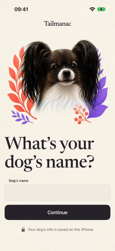 Tailmanac's first setup screen: an illustrated portrait of Darcy, a black-and-white Papillon with long fringed ears, framed by red and violet leaves, above the question "What's your dog's name?"